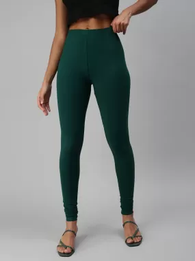 Alluring Stretchable Cotton Fabric Bottle Green Leggings For Women