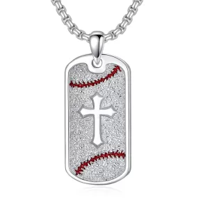 Baseball Dog Tag Cross Necklace in Sterling Silver Gifts for Men